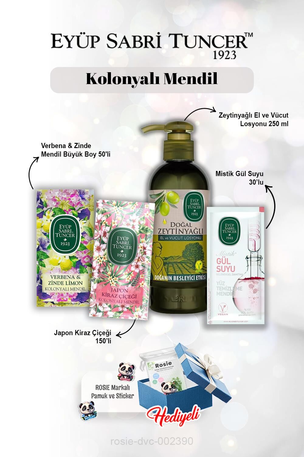 Zeytinyağlı Losyon 250 ml, Gül suyu 30'lu, Verbena & Zinde 50'li, Kiraz Çiçeği 150'li ve Rosie