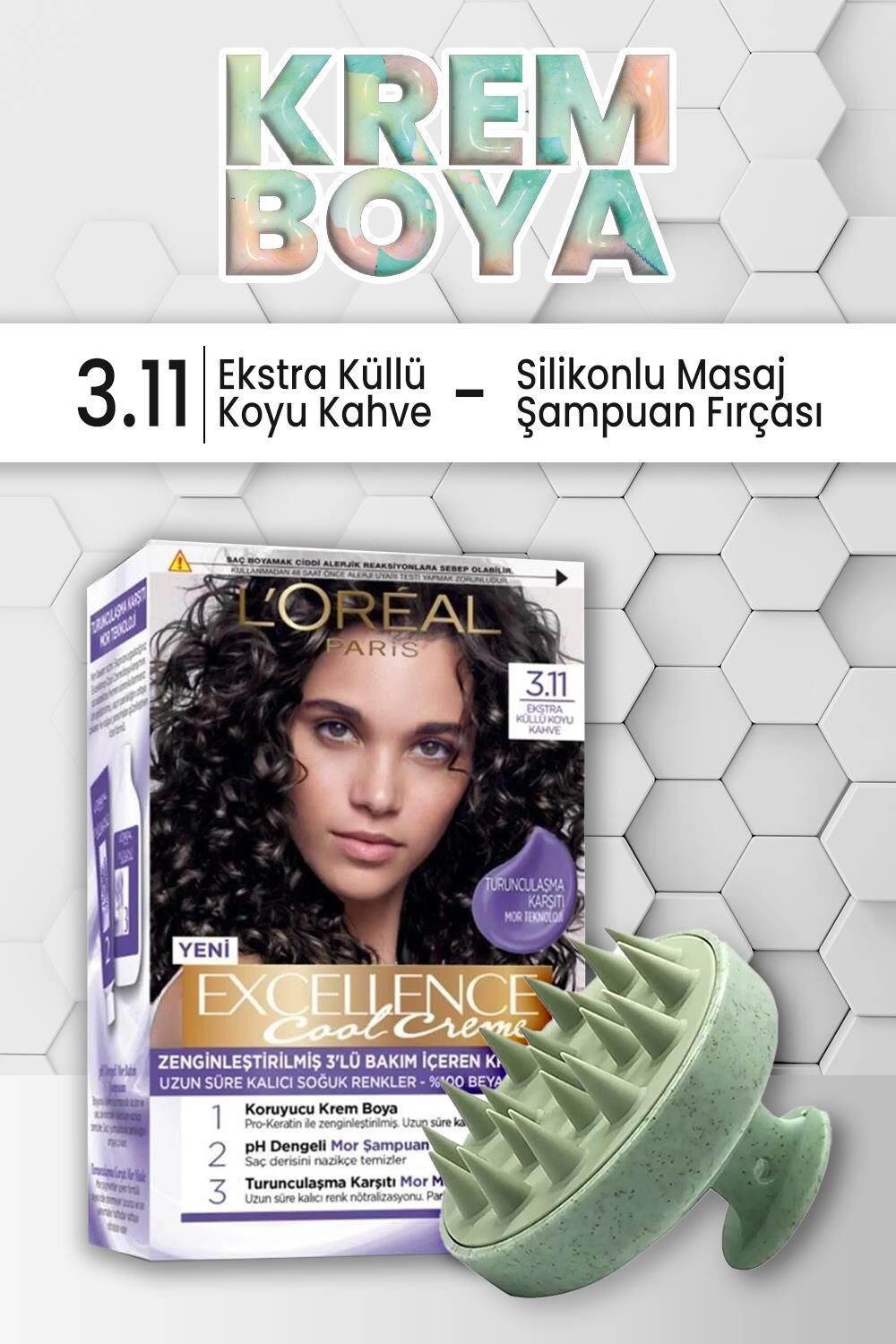 Loreal Paris Excellence Boya 3.11 Ekstra Küllü Koyu Kahve ve Şampuan Fırçası Yeşil