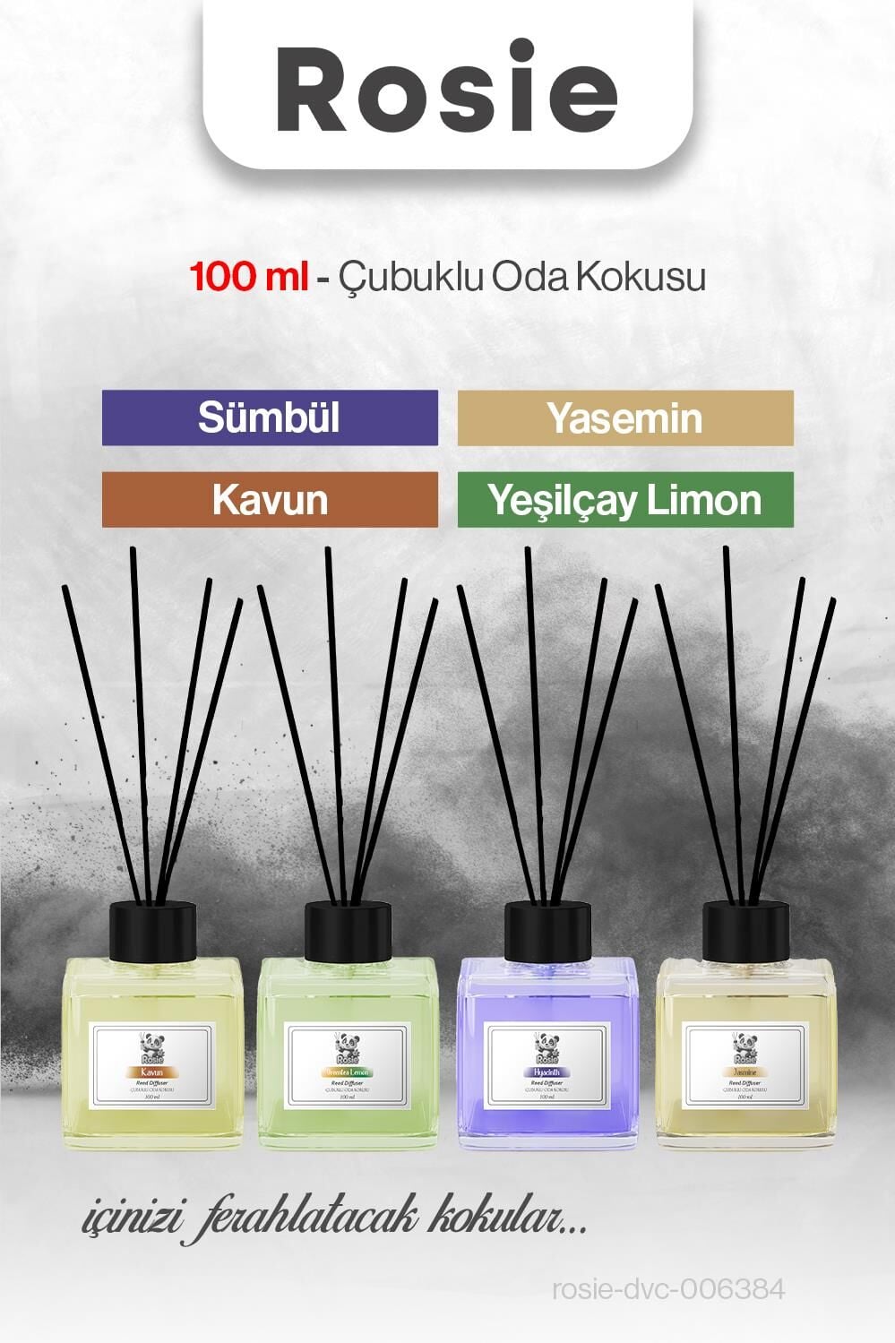 ROSIE 4'lü 100 ml Yasemin, Kavun, Sümbül ve Yeşilçay Limon oda kokusu