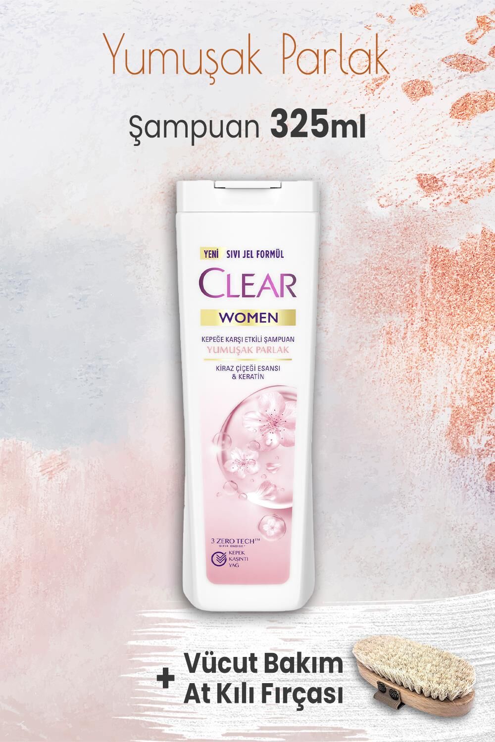 Clear Women Yumuşak Parlak Şampuan 325 ml ve Vücut Bakım At Kılı Fırçası