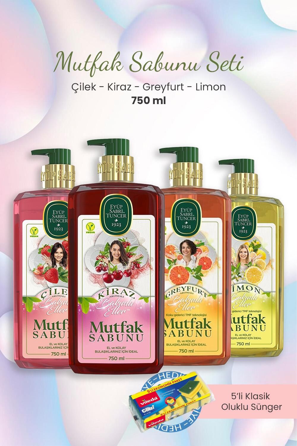 Eyüp Sabri Tuncer Mutfak Sabunu Greyfurtlu,Limonlu,Kirazlı,Çilekli 750 ml ve Bulaşık Süngeri