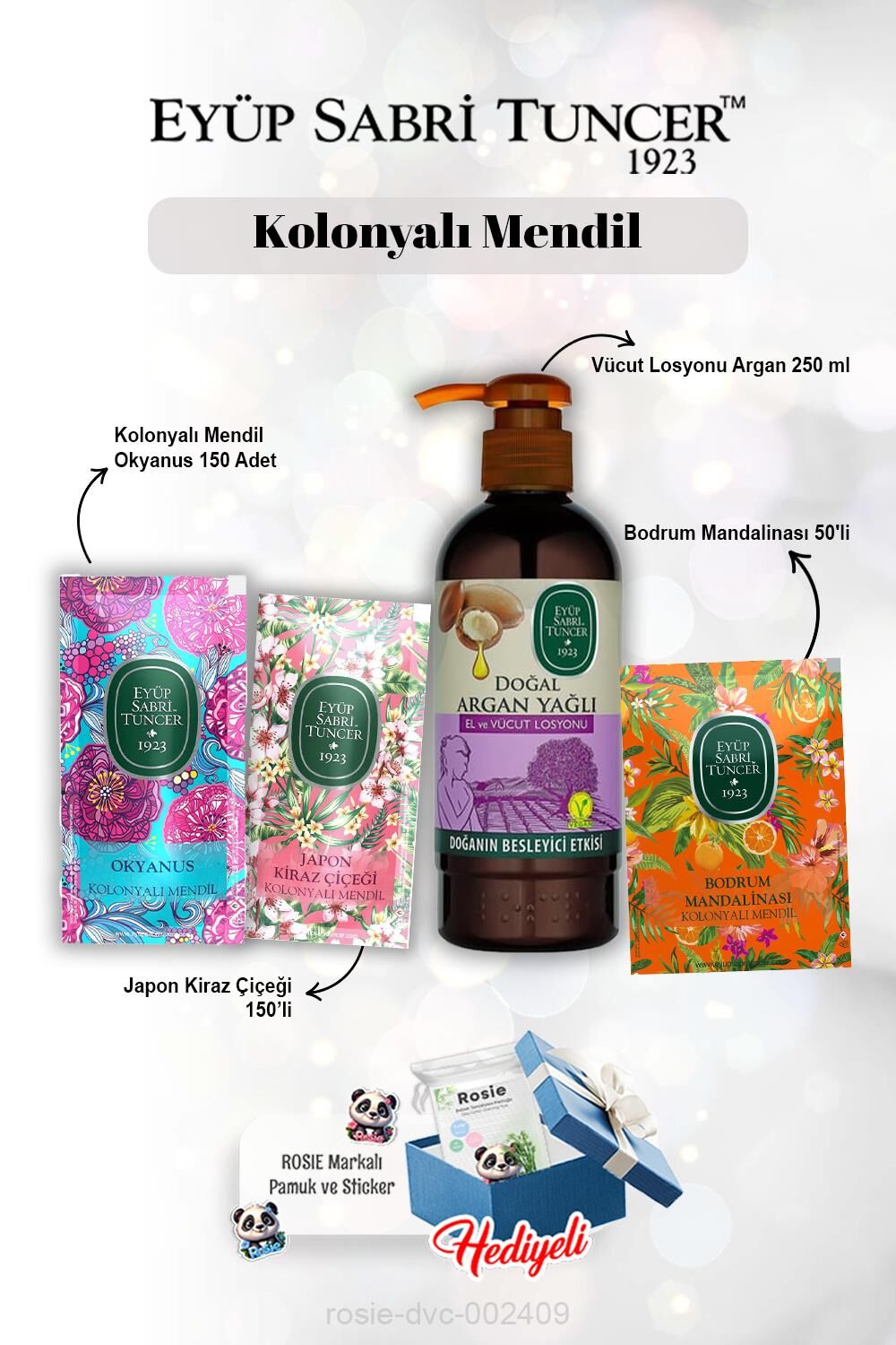 Mandalina 50'li, Okyanus ve Kiraz Çiçeği 150'li, Argan Yağlı Losyon 280 ml ve Rosie