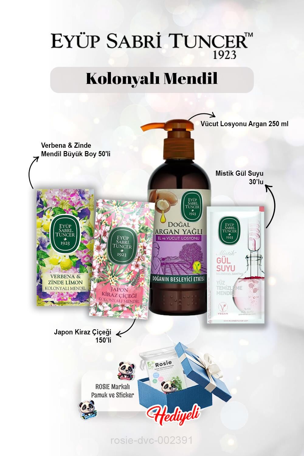 Argan Losyon 250 ml, Gül suyu 30'lu, Verbena & Zinde 50'li, Kiraz Çiçeği 150'li ve Rosie
