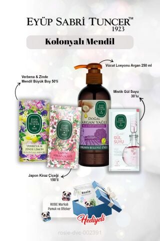 Argan Losyon 250 ml, Gül suyu 30'lu, Verbena & Zinde 50'li, Kiraz Çiçeği 150'li ve Rosie