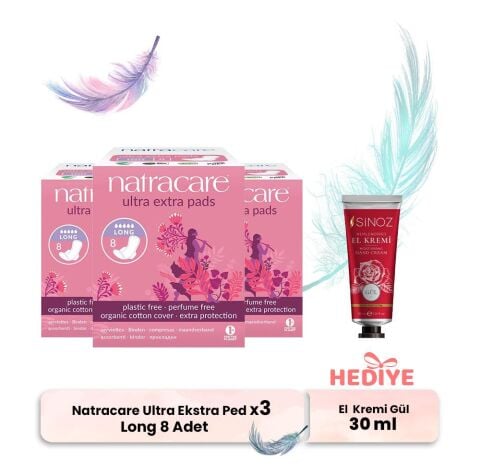 Natracare Ultra Ekstra Ped Long 8 Adet x 3, El Kremi Hediyeli