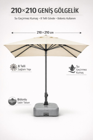Alubrella Krem Güneş Şemsiyesi Kare, 210/210 8 telli, Su Geçirmez Kumaş, Bidonlu