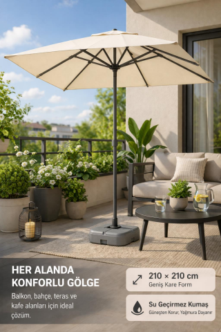 Alubrella Krem Güneş Şemsiyesi Kare, 210/210 8 telli, Su Geçirmez Kumaş, Bidonlu