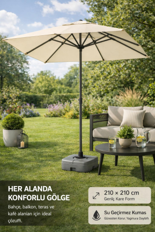 Alubrella Krem Güneş Şemsiyesi Kare, 210/210 8 telli, Su Geçirmez Kumaş, Bidonlu