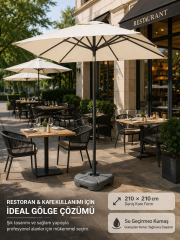Alubrella Krem Güneş Şemsiyesi Kare, 210/210 8 telli, Su Geçirmez Kumaş, Bidonlu