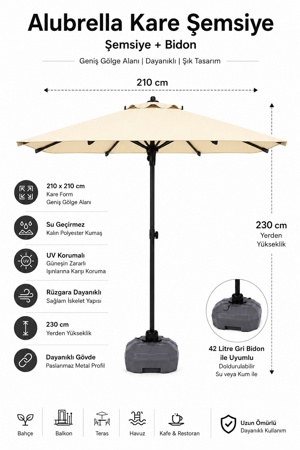 Alubrella Krem Güneş Şemsiyesi Kare, 210/210 8 telli, Su Geçirmez Kumaş, Bidonlu
