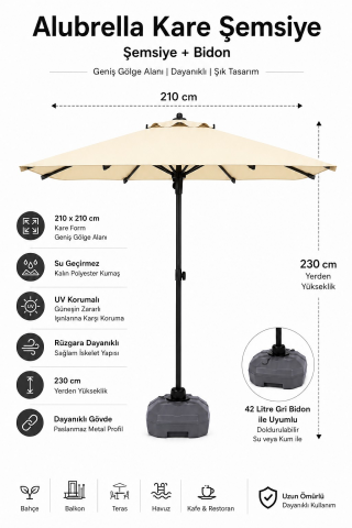 Alubrella Krem Güneş Şemsiyesi Kare, 210/210 8 telli, Su Geçirmez Kumaş, Bidonlu