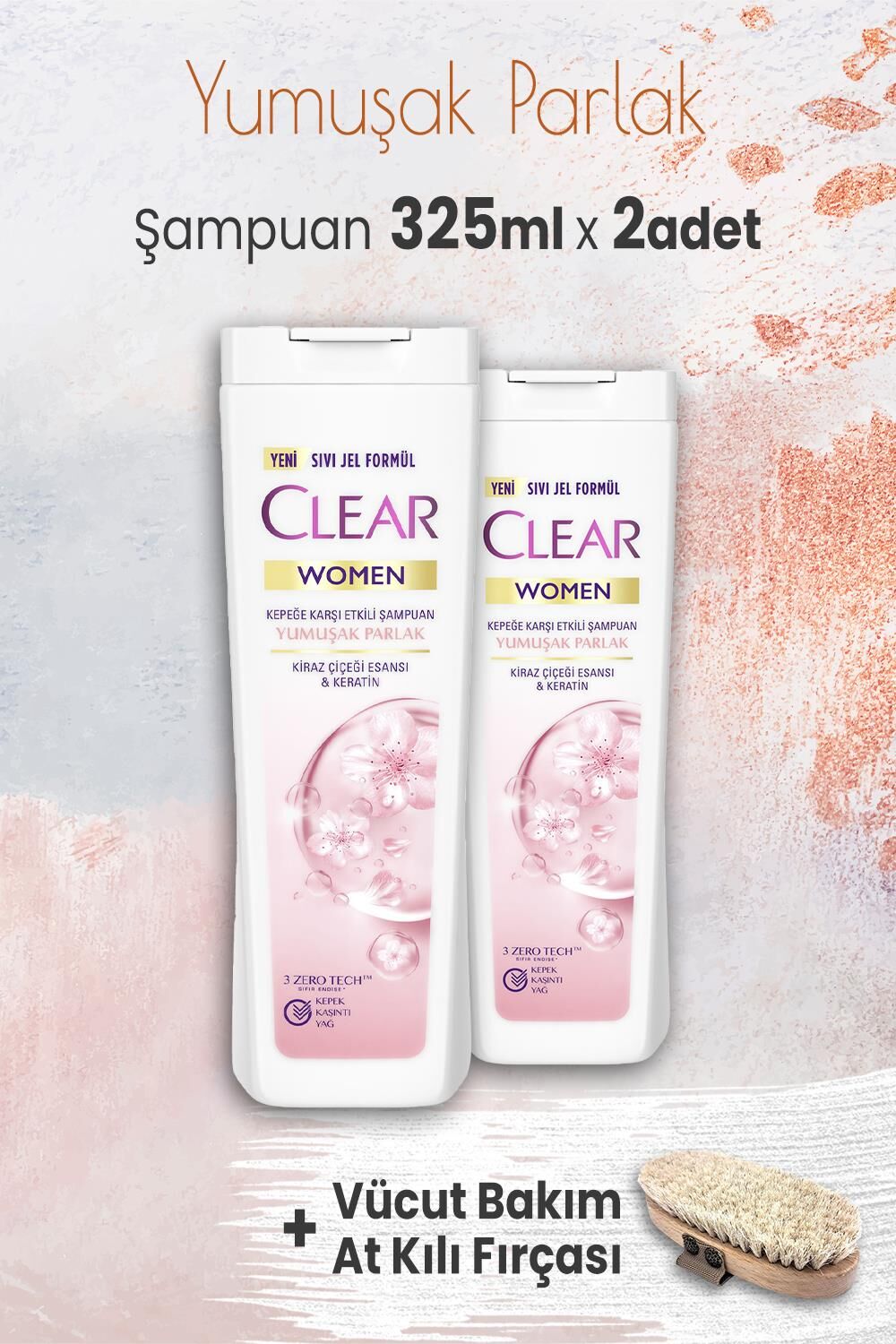 Clear Women Yumuşak Parlak Şampuan 325 ml x 2 Adet ve Vücut Bakım At Kılı Fırçası