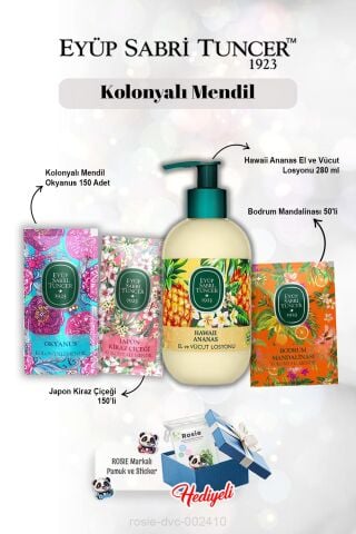 Hawaii Ananas Losyon 280 ml, Mandalina 50'li, Okyanus ve Kiraz Çiçeği 150'li ve Rosie