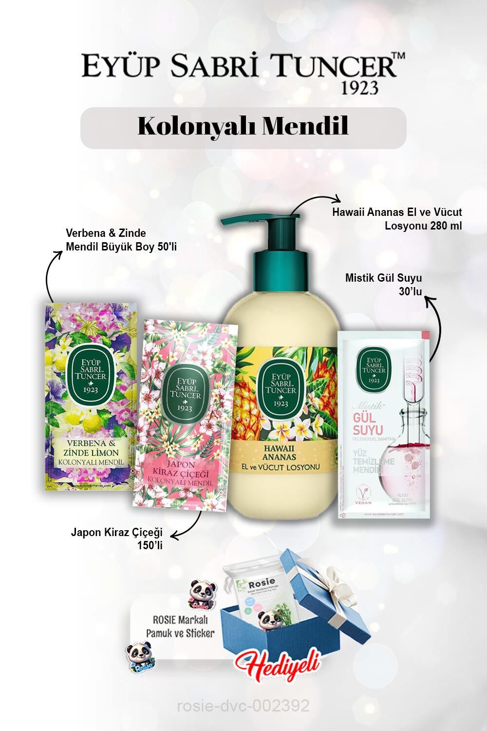 Hawaii Ananas Losyon 280 ml, Gül suyu 30'lu, Kiraz Çiçeği 150'li, Verbena & Zinde 50'li, ve Rosie