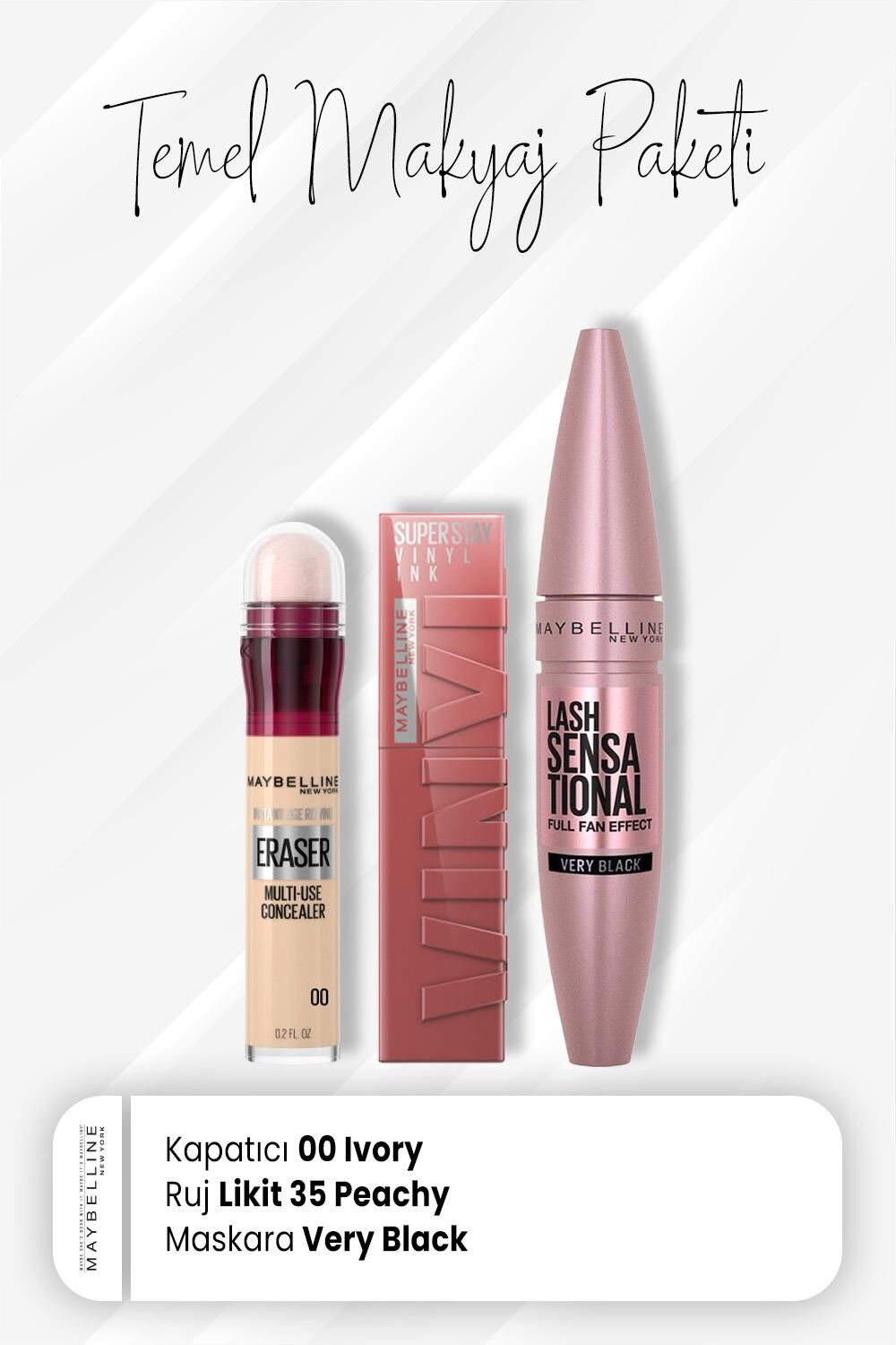 Maybelline New York Eraser Kapatıcı 00, Full Fan Maskara Very Black ve Vinyl Ink Ruj 35 Cheeky