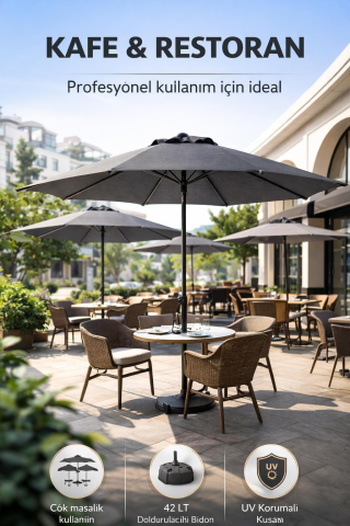 Alubrella Antrasit Renk Bahçe Şemsiyesi Yuvarlak, 250 CM Çaplı, Su Geçirmez Kumaş, Bidonlu
