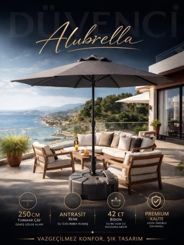 Alubrella Antrasit Renk Bahçe Şemsiyesi Yuvarlak, 250 CM Çaplı, Su Geçirmez Kumaş, Bidonlu