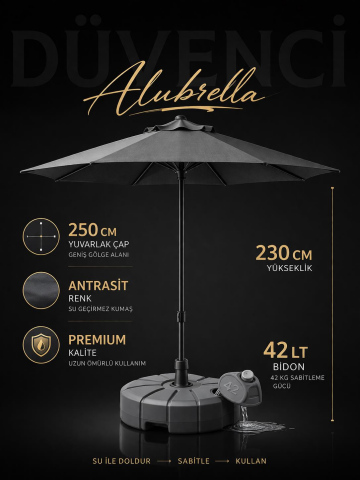 Alubrella Antrasit Renk Bahçe Şemsiyesi Yuvarlak, 250 CM Çaplı, Su Geçirmez Kumaş, Bidonlu