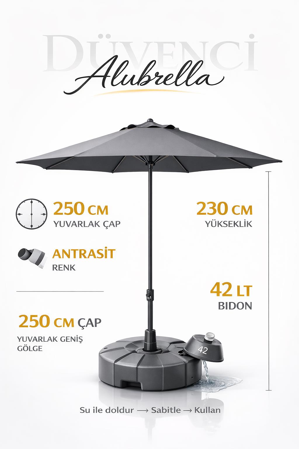 Alubrella Antrasit Renk Bahçe Şemsiyesi Yuvarlak, 250 CM Çaplı, Su Geçirmez Kumaş, Bidonlu
