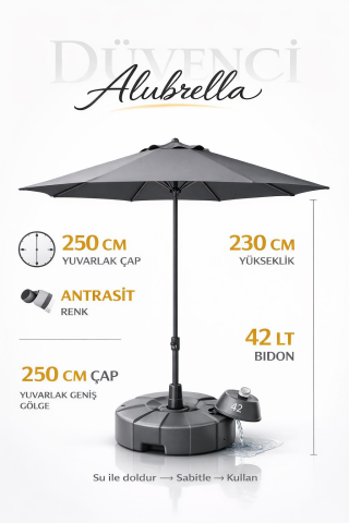 Alubrella Antrasit Renk Bahçe Şemsiyesi Yuvarlak, 250 CM Çaplı, Su Geçirmez Kumaş, Bidonlu