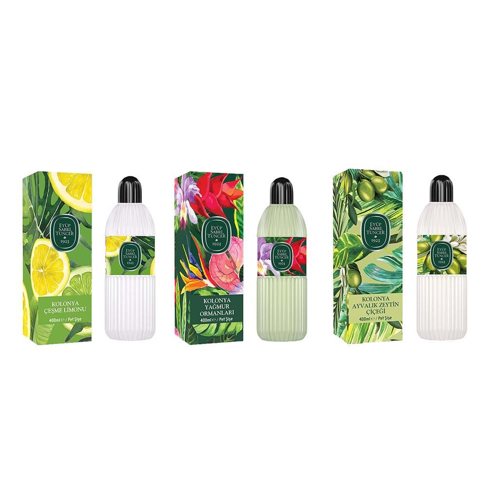 Eyüp Sabri Tuncer Kolonya Çeşme Limonu, Yağmur Ormanları ve Ayvalık Zeytin Çiçeği Pet Şişe 400 ml