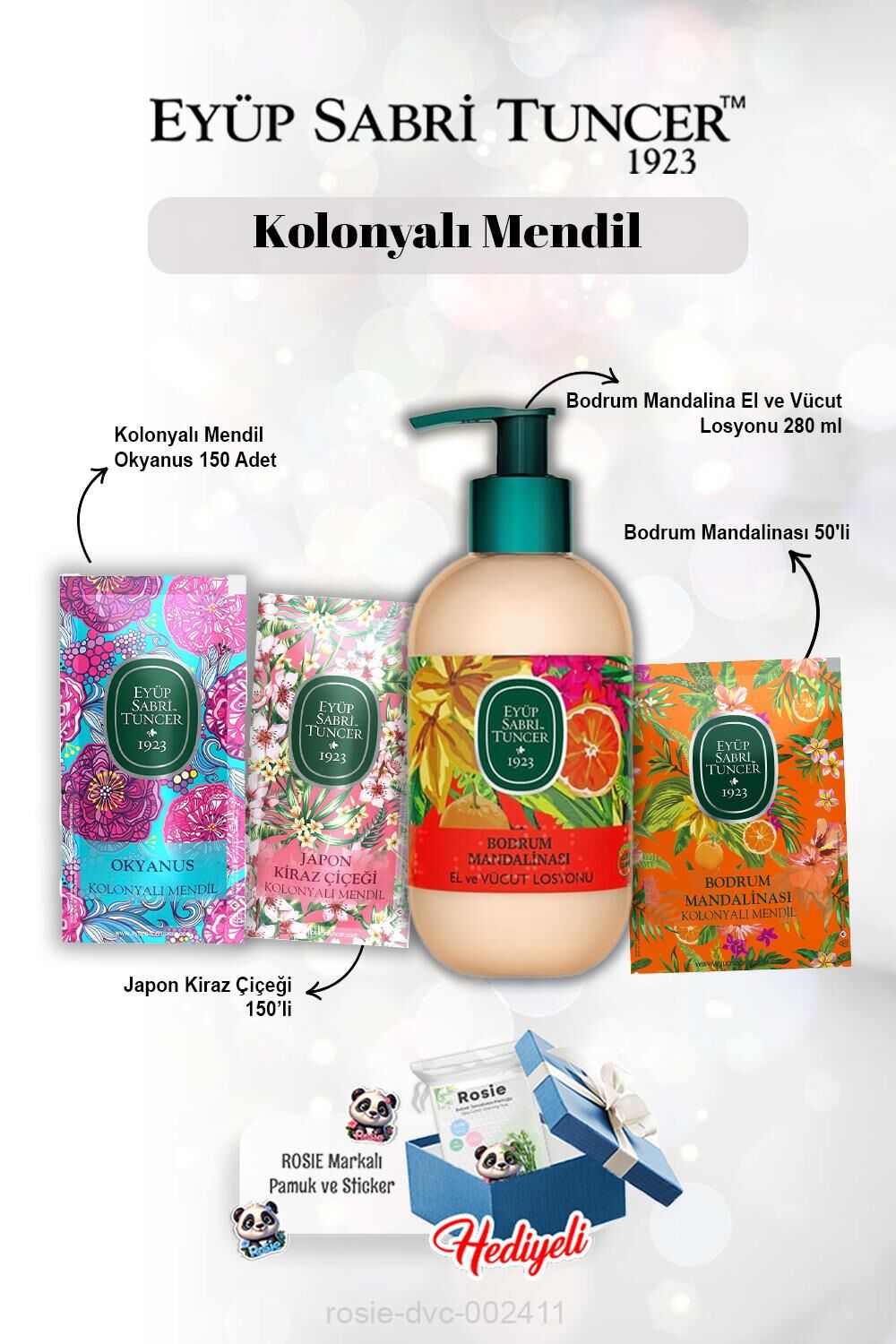 Losyon Bodrum Mandalinası 280 ml, Mandalina 50'li, Okyanus ve Kiraz Çiçeği 150'li ve Rosie
