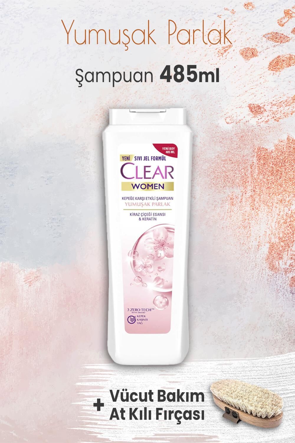 Clear Women Yumuşak Parlak Şampuan 485 ml ve Vücut Bakım At Kılı Fırçası