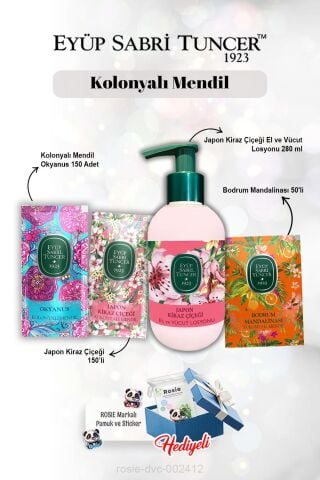 Losyon Kiraz Çiçeği 280 ml, Mandalina 50'li, Okyanus ve Kiraz Çiçeği 150'li ve Rosie