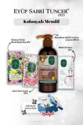 Macadamia Losyon 280 ml, Gül suyu 30'lu, Verbena & Zinde 50'li, Kiraz Çiçeği 150'li ve Rosie