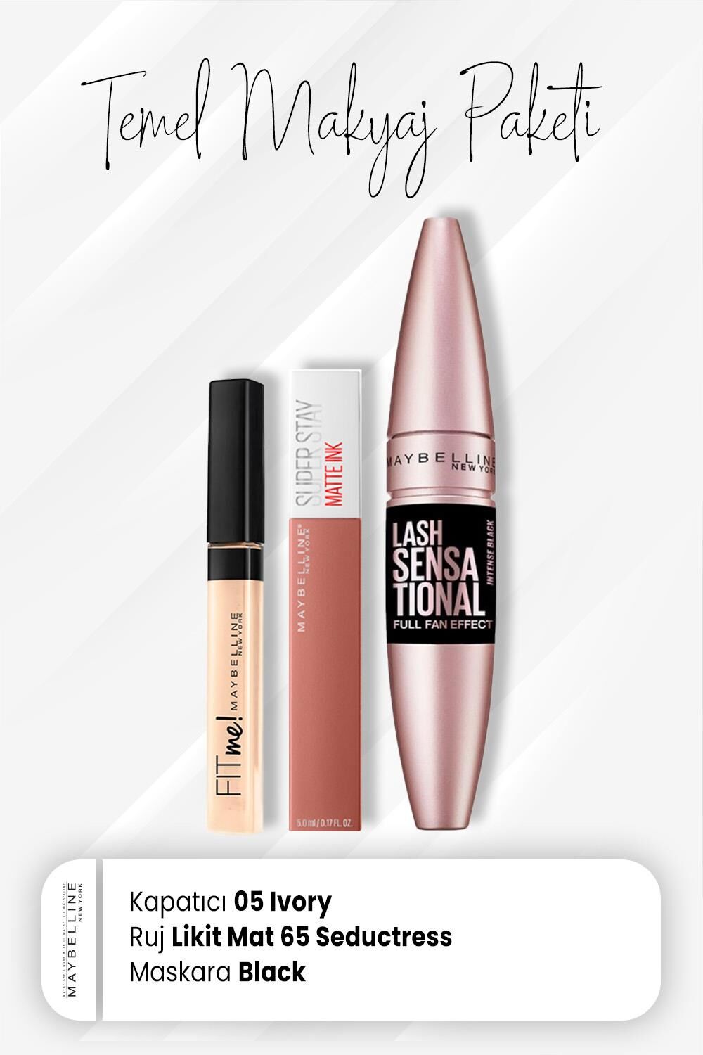 Maybelline New York Fit Me Kapatıcı 05, Full Fan Maskara Intense Black ve Matte Ink Ruj 65 Seductress