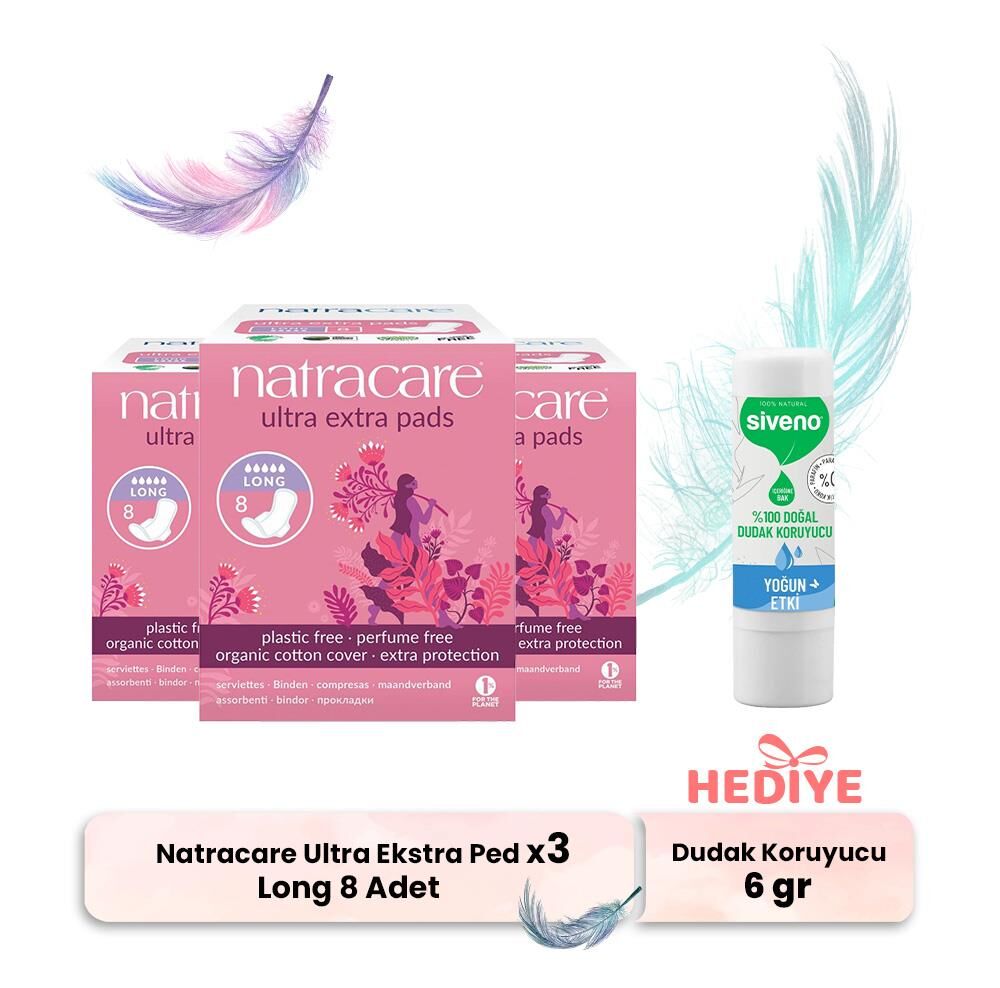 Natracare Ultra Ekstra Ped Long 8' li x 3, Dudak Koruyucu Hediyeli