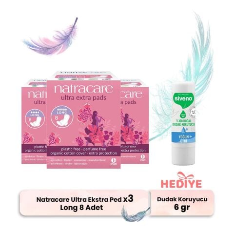 Natracare Ultra Ekstra Ped Long 8' li x 3, Dudak Koruyucu Hediyeli