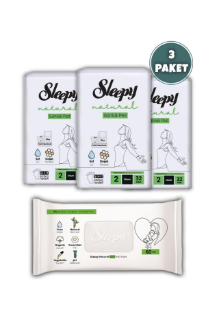 Sleepy Natural Ultra Hassas Hijyenik Günlük Ped Uzun 96 Adet, Natural 60'lı Islak Mendil ve ROSIE