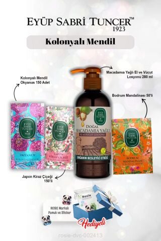 Macadamia Losyon 250 ml, Mandalina 50'li, Okyanus ve Kiraz Çiçeği 150'li ve Rosie