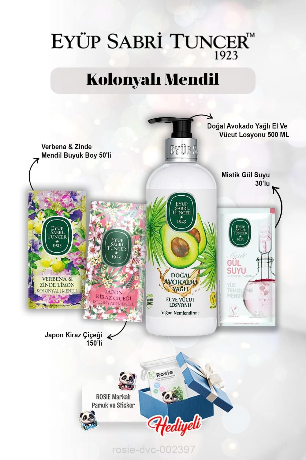 Avokado Yağlı Losyon 280 ml, Gül suyu 30'lu, Verbena & Zinde 50'li, Japon Kiraz Çiçeği 150'li ve Rosie