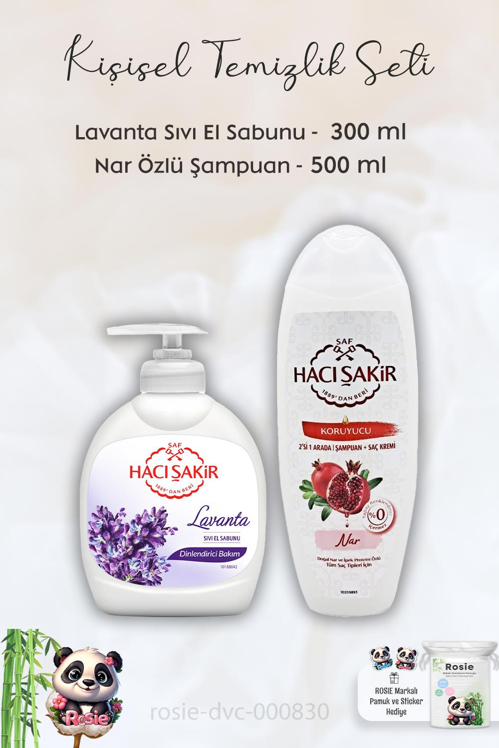 Hacı Şakir Lavanta Dinlendirici Sıvı Sabun 300 ml, Narlı Şampuan 500 ml ve ROSIE