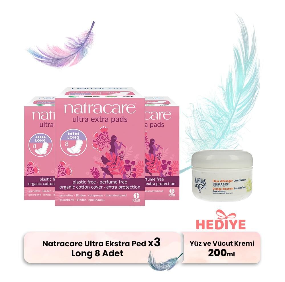 Natracare Ultra Ekstra Ped Long 8' li x 3, Yüz ve Vücut Kremi Hediyeli