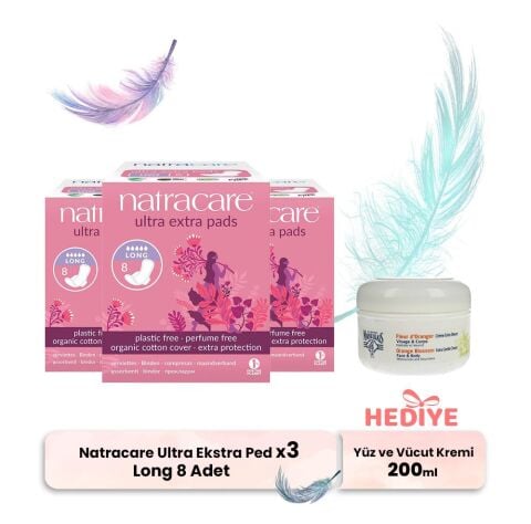 Natracare Ultra Ekstra Ped Long 8' li x 3, Yüz ve Vücut Kremi Hediyeli