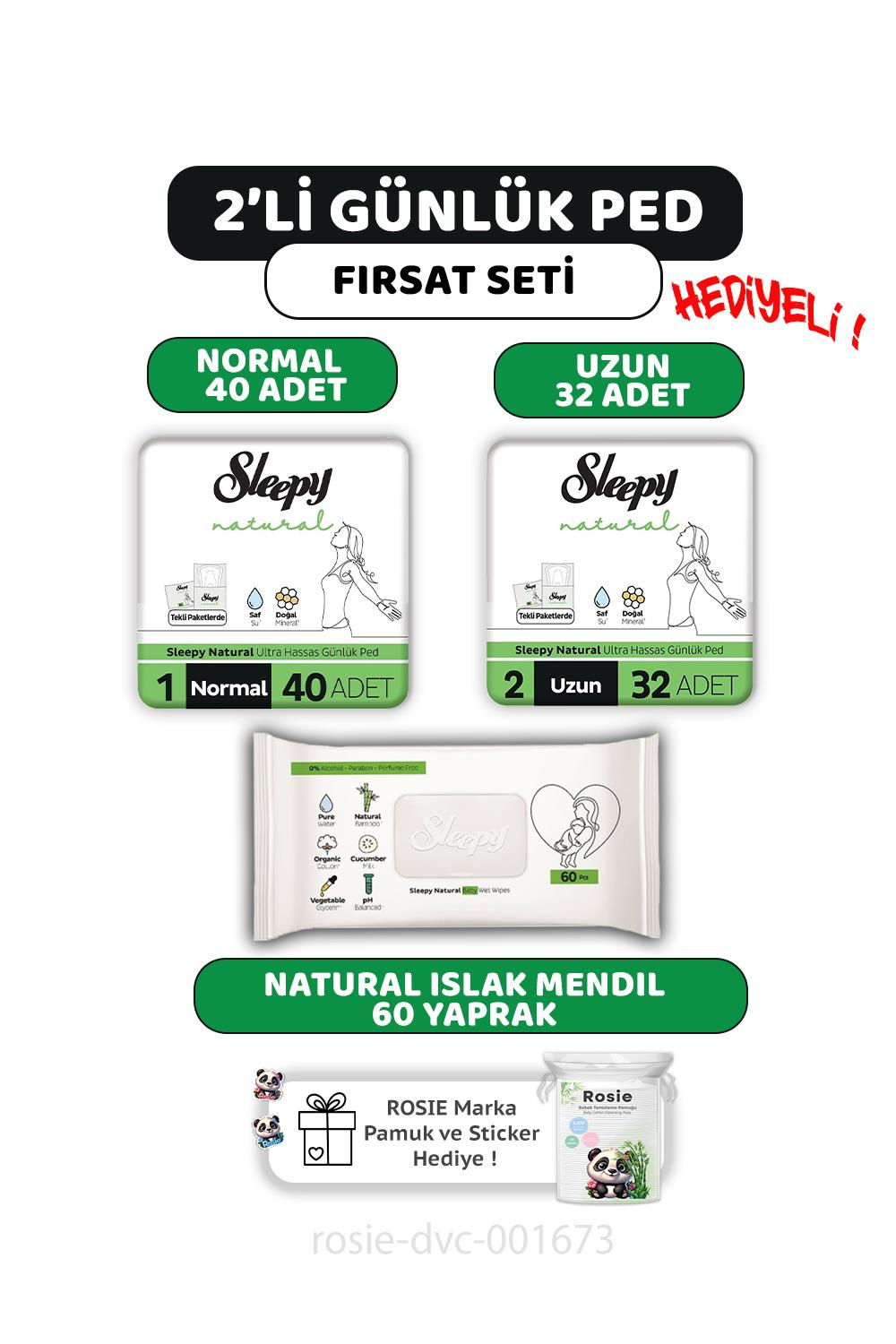 Sleepy 2'li Natural Ultra Hassas Günlük Ped  Seti, Islak Mendil ve ROSIE