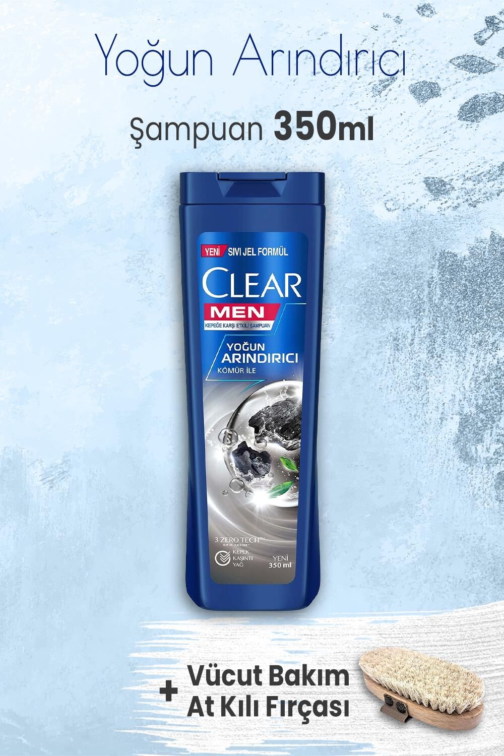 Clear Men Şampuan Yoğun Arındırıcı Kömür İle 350 ml ve Vücut Bakım At Kılı Fırçası