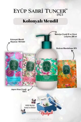 250 ml Manolya Losyon, Mandalina 50'li, Okyanus ve Kiraz Çiçeği 150'li ve Rosie