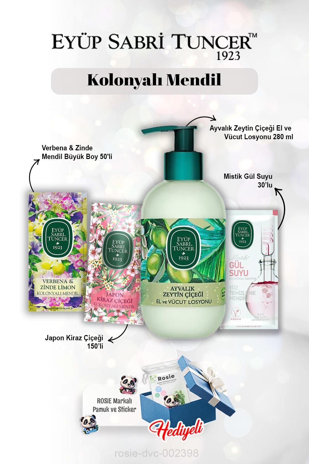 Ayvalık Zeytin Çiçeği Losyon 280 ml, Gül suyu 30'lu, Verbena & Zinde 50'li, Kiraz Çiçeği 150'li ve Rosie