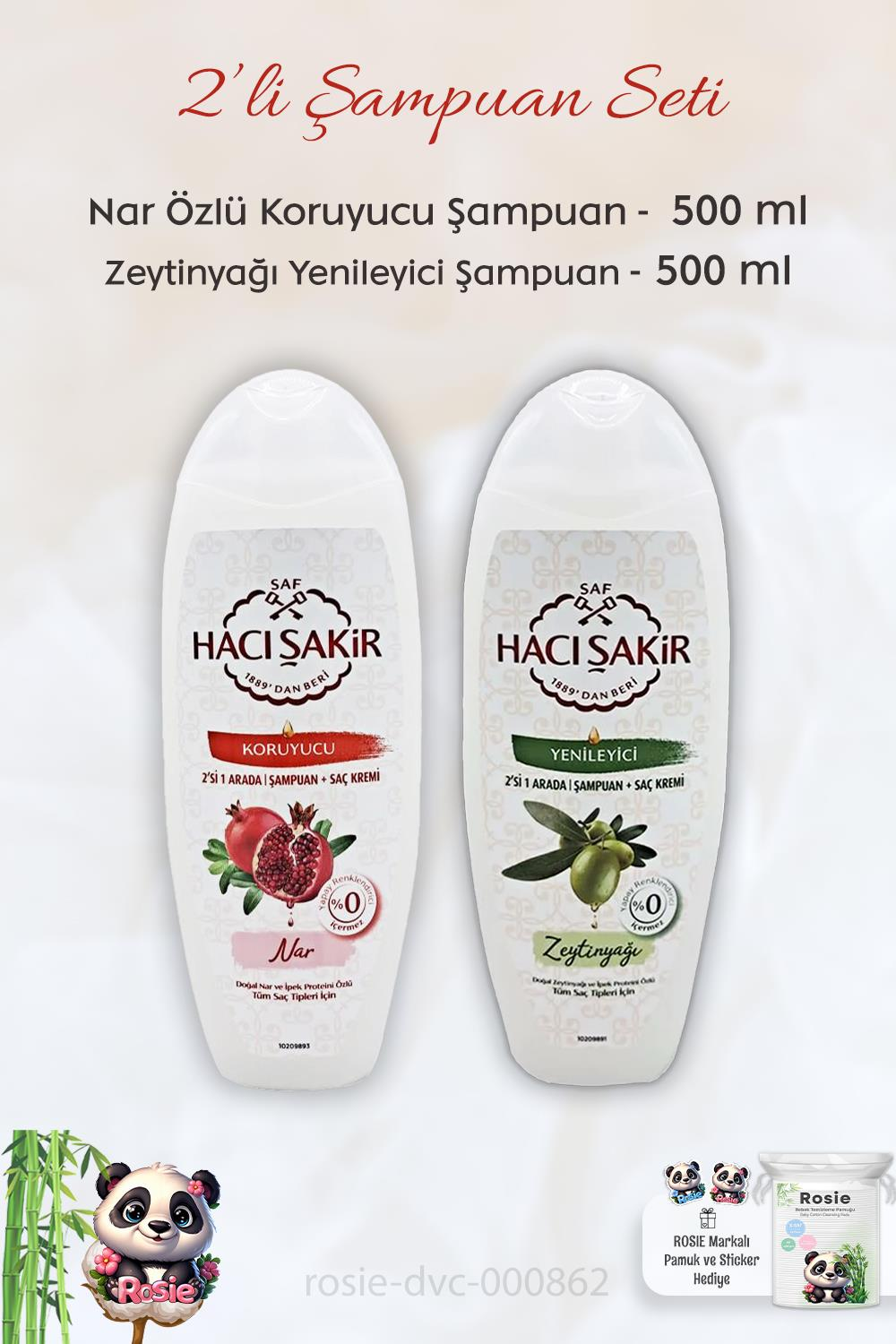 Hacı Şakir Nar 2si 1 Arada Şampuan 500 ml, Zeytinyağlı Şampuan 500 ml ve ROSIE