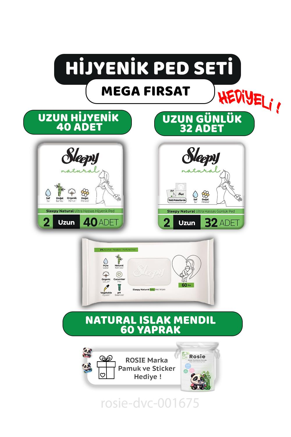 Sleepy Natural Ultra Hassas Ped Uzun 40'lı, Günlük Ped 32'li, Natural 60'lı Mendil ve ROSIE