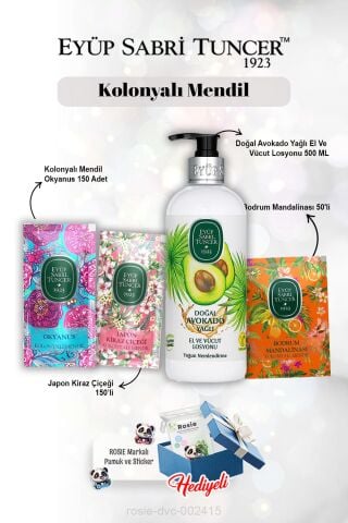 250 ml Avokado Losyon, Okyanus ve Kiraz Çiçeği 150'li, Mandalina 50'li, ve Rosie