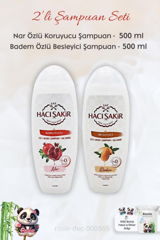 Hacı Şakir Nar 2si 1 Arada Şampuan 500 ml,  Bademli Şampuan 500 ml ve ROSIE