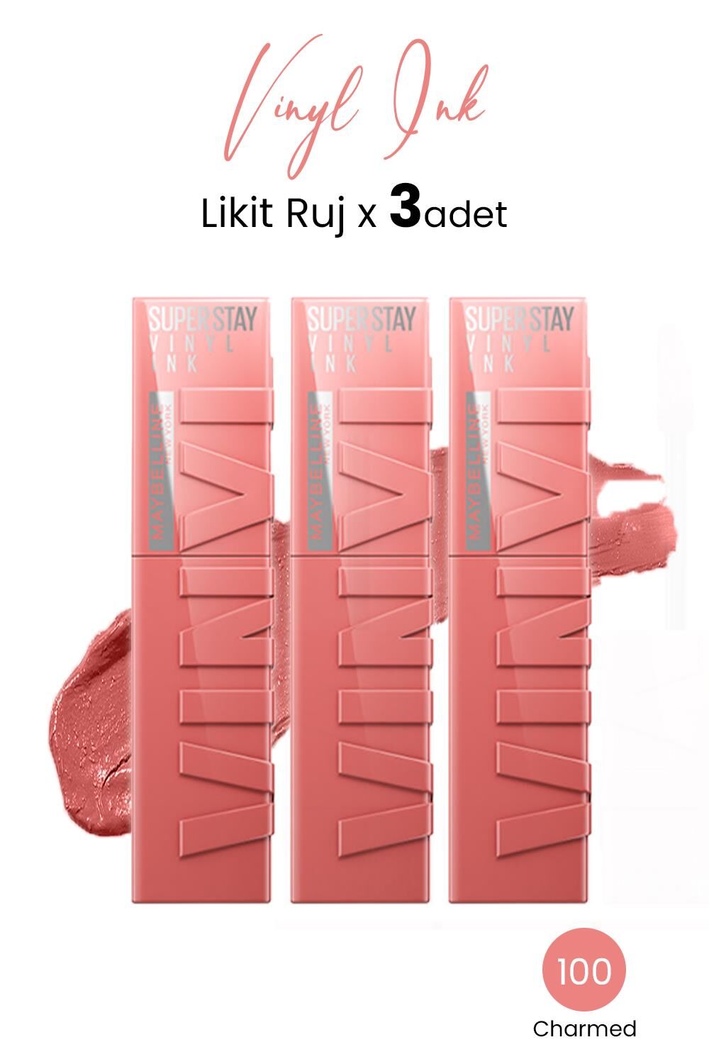 Maybelline New York Super Stay Vinyl Ink Likit Ruj 100 Charmed x 3 adet