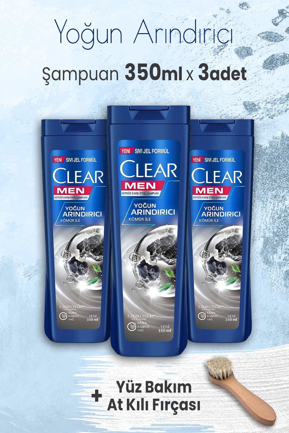 Clear Men Şampuan Yoğun Arındırıcı Kömür İle 350 ml x 3 Adet ve Yüz Bakım At Kılı Fırçası