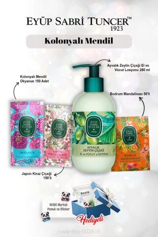 Mandalina 50'li, Okyanus ve Kiraz Çiçeği 150'li, Zeytin Çiçeği 280 ml Losyon ve Rosie