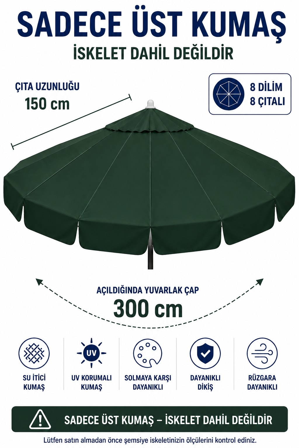 Koyu Yeşil Polyester Kumaş (300 cm / 8 telli makaralı şemsiye ile uyumlu)